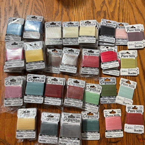 HUGE Lot of 146 Vintage Bucilla 55% Silk 45% nylon Organza Ribbons Unopened